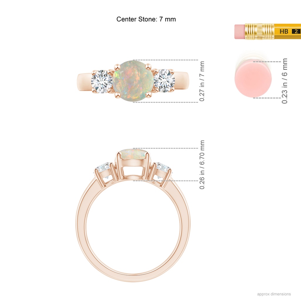 7mm AAAA Classic Opal and Diamond Three Stone Engagement Ring in Rose Gold Ruler