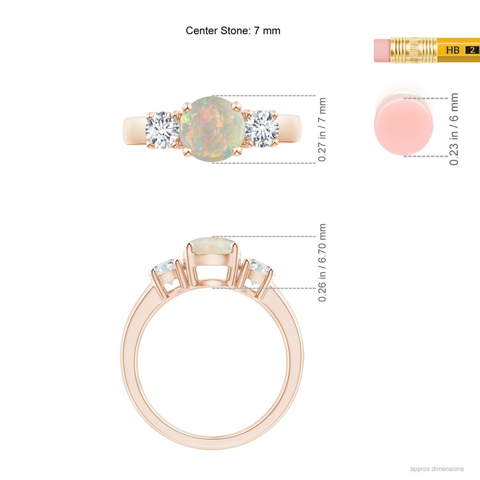 7mm AAAA Classic Opal and Diamond Three Stone Engagement Ring in Rose Gold ruler