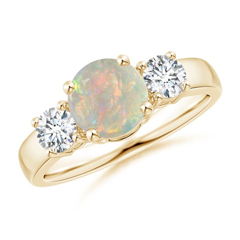 7mm AAAA Classic Opal and Diamond Three Stone Engagement Ring in Yellow Gold