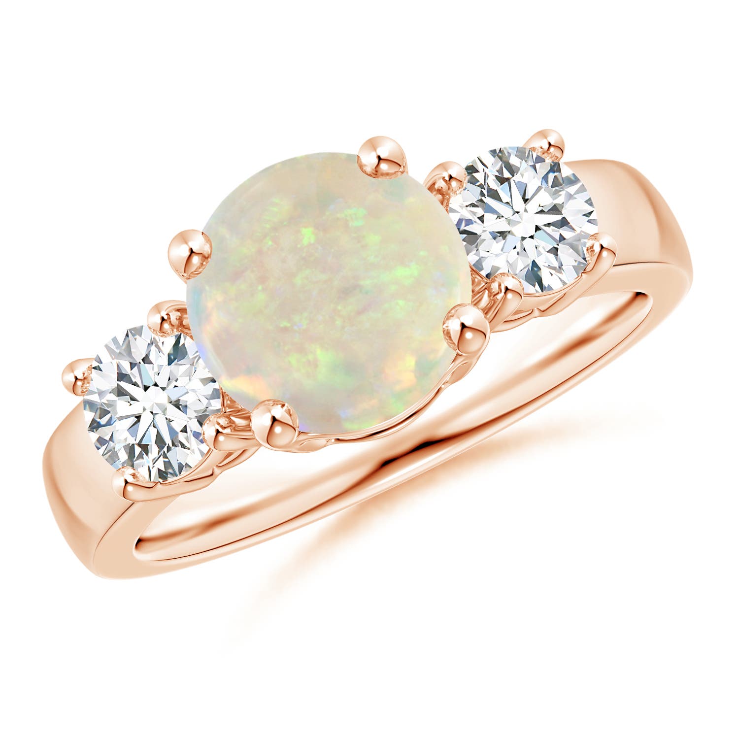 8mm AAA Classic Opal and Diamond Three Stone Engagement Ring in Rose Gold