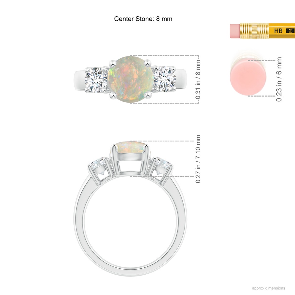 8mm AAAA Classic Opal and Diamond Three Stone Engagement Ring in White Gold ruler