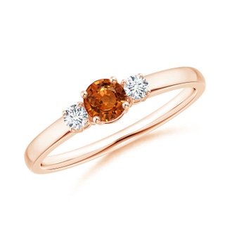 4mm AAAA Classic Orange Sapphire Three Stone Ring with Diamonds in 10K Rose Gold