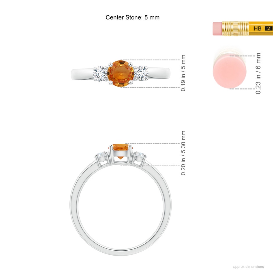 5mm AAA Classic Orange Sapphire Three Stone Ring with Diamonds in White Gold Ruler