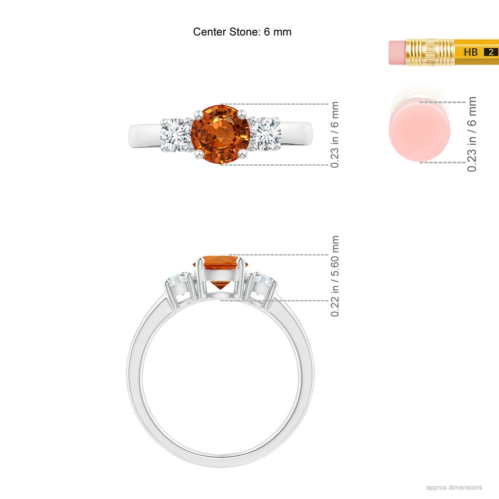 6mm AAAA Classic Orange Sapphire Three Stone Ring with Diamonds in White Gold Ruler
