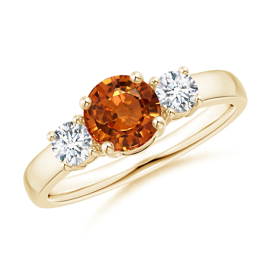 6mm AAAA Classic Orange Sapphire Three Stone Ring with Diamonds in Yellow Gold