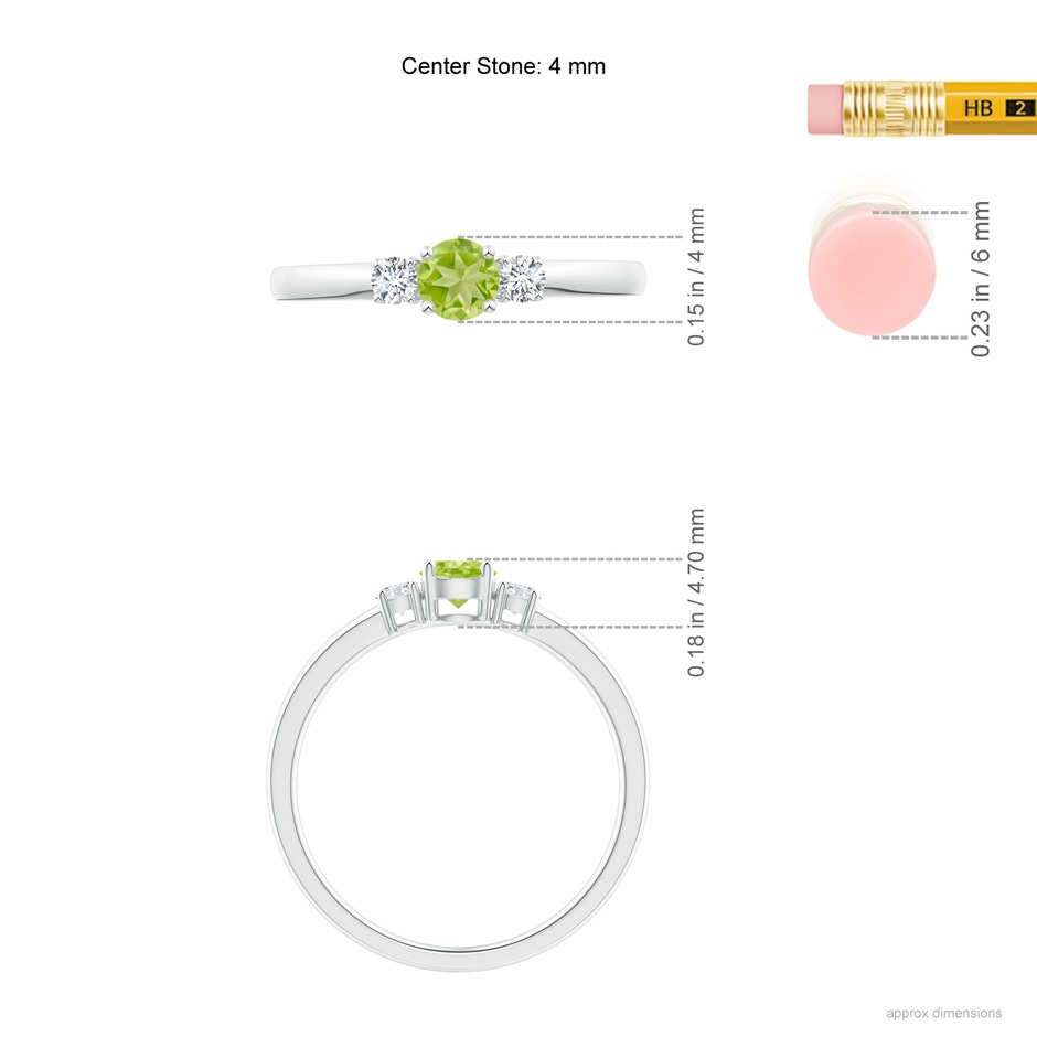 4mm AA Classic Peridot and Diamond Three Stone Engagement Ring in White Gold ruler