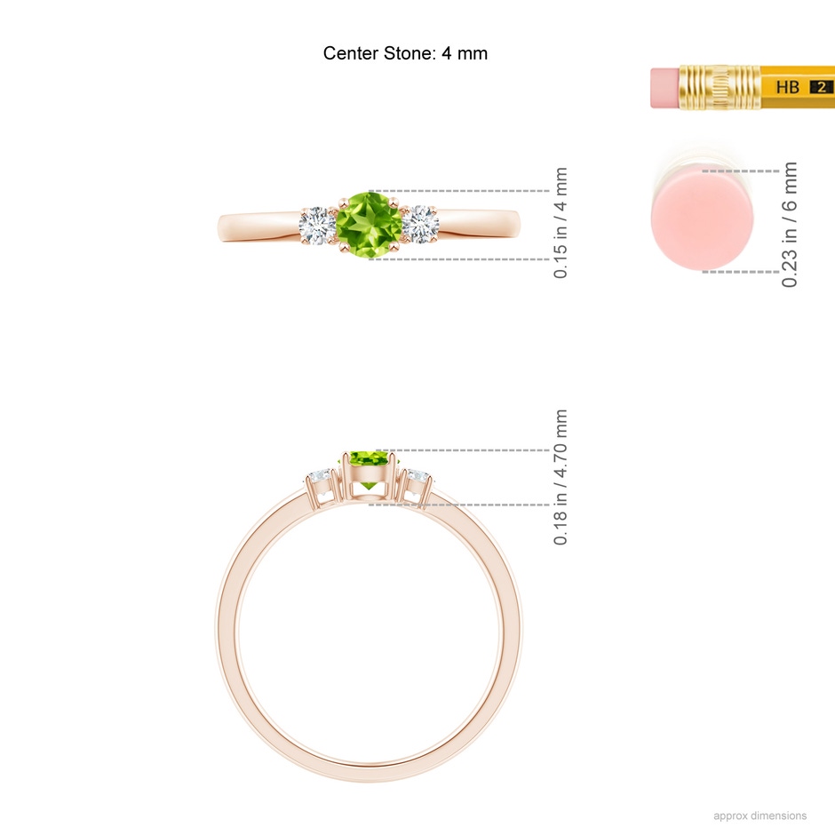 4mm AAA Classic Peridot and Diamond Three Stone Engagement Ring in Rose Gold ruler