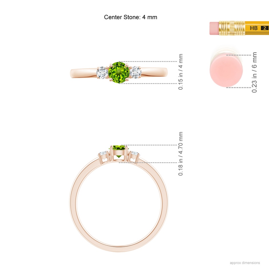 4mm AAAA Classic Peridot and Diamond Three Stone Engagement Ring in Rose Gold ruler