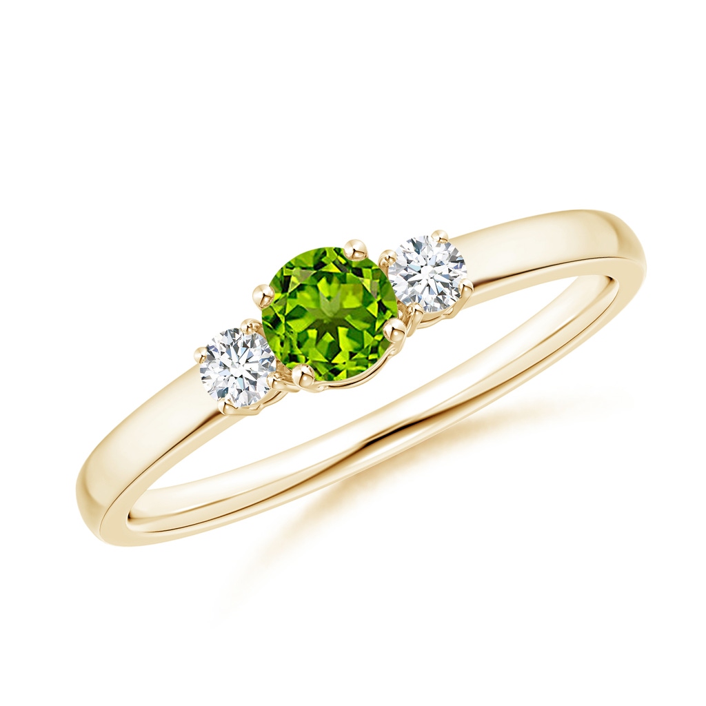 4mm AAAA Classic Peridot and Diamond Three Stone Engagement Ring in Yellow Gold