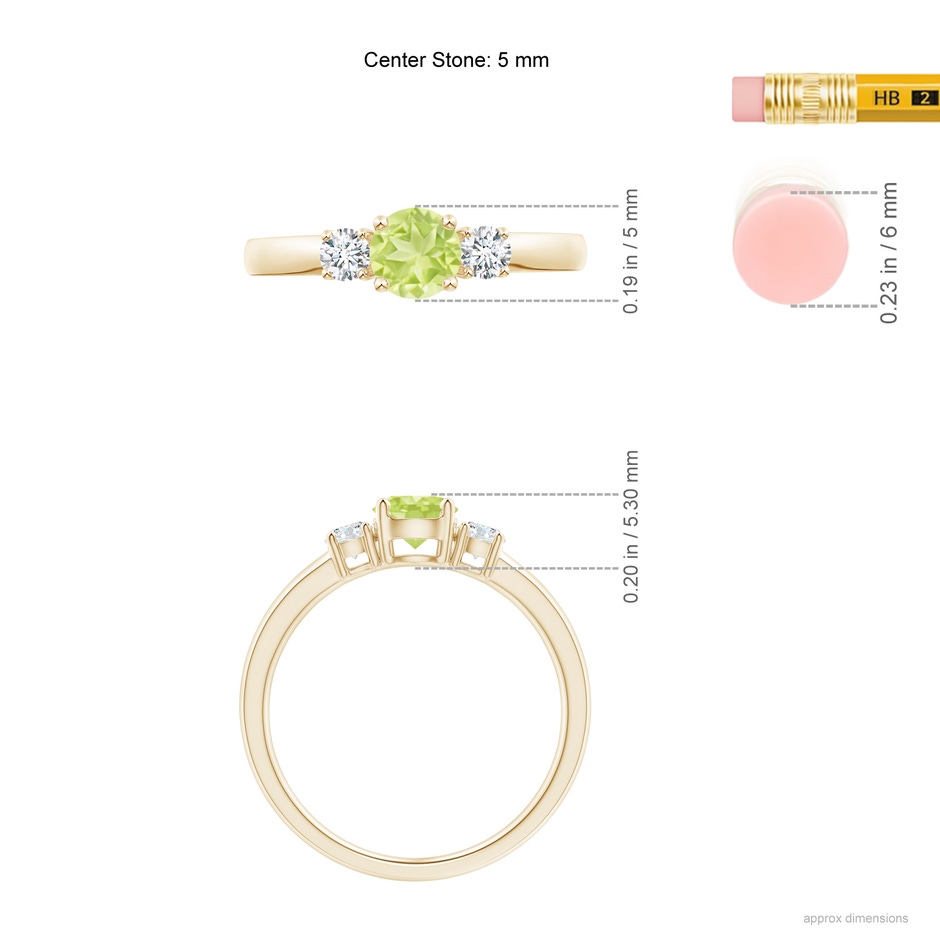 5mm A Classic Peridot and Diamond Three Stone Engagement Ring in Yellow Gold ruler