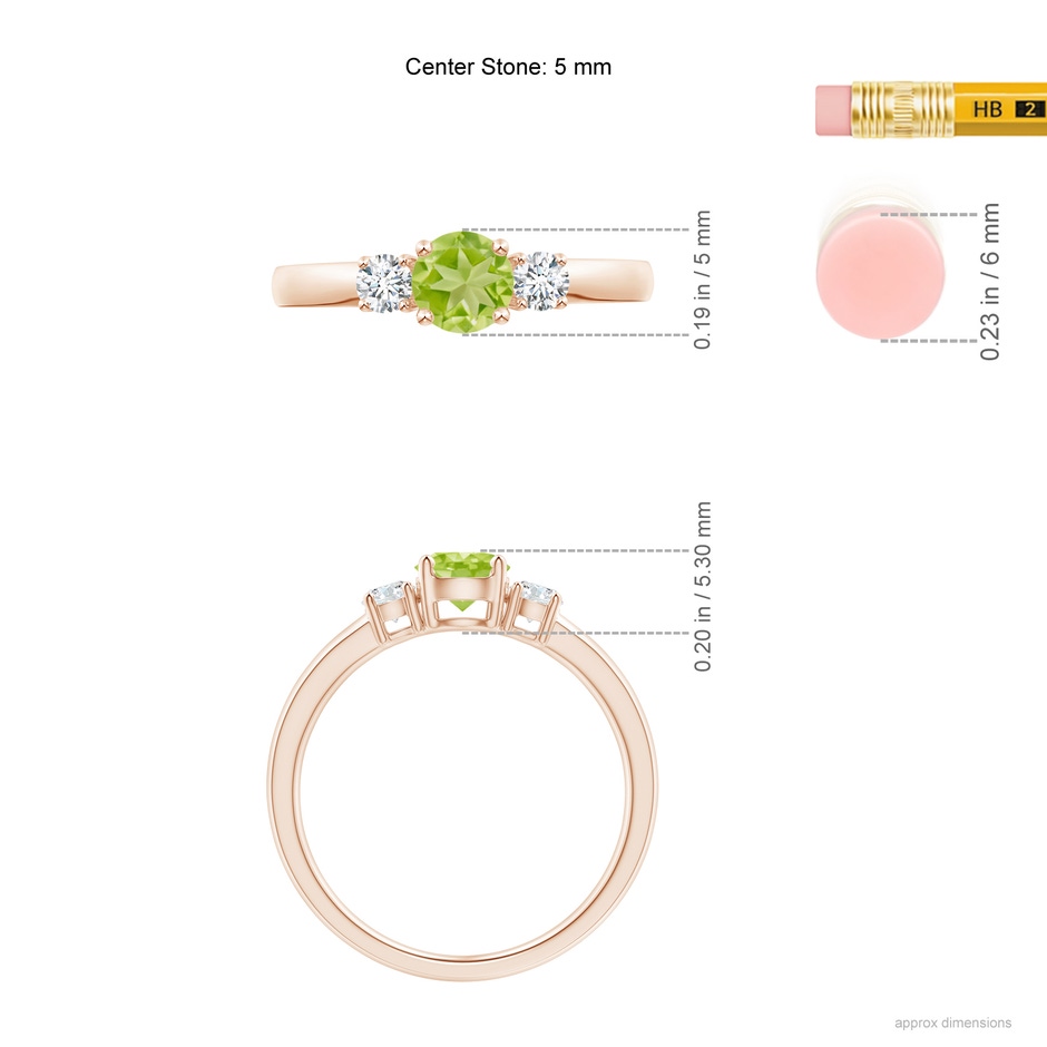 5mm AA Classic Peridot and Diamond Three Stone Engagement Ring in Rose Gold ruler