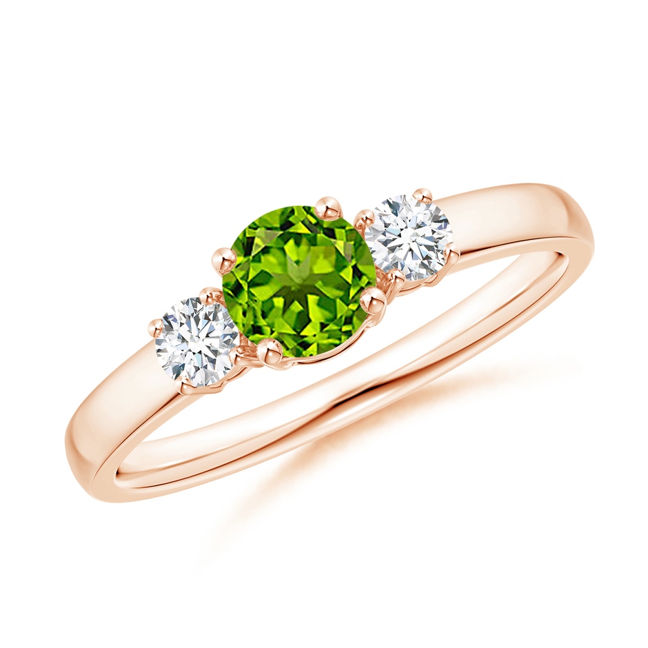 5mm AAAA Classic Peridot and Diamond Three Stone Engagement Ring in Rose Gold 