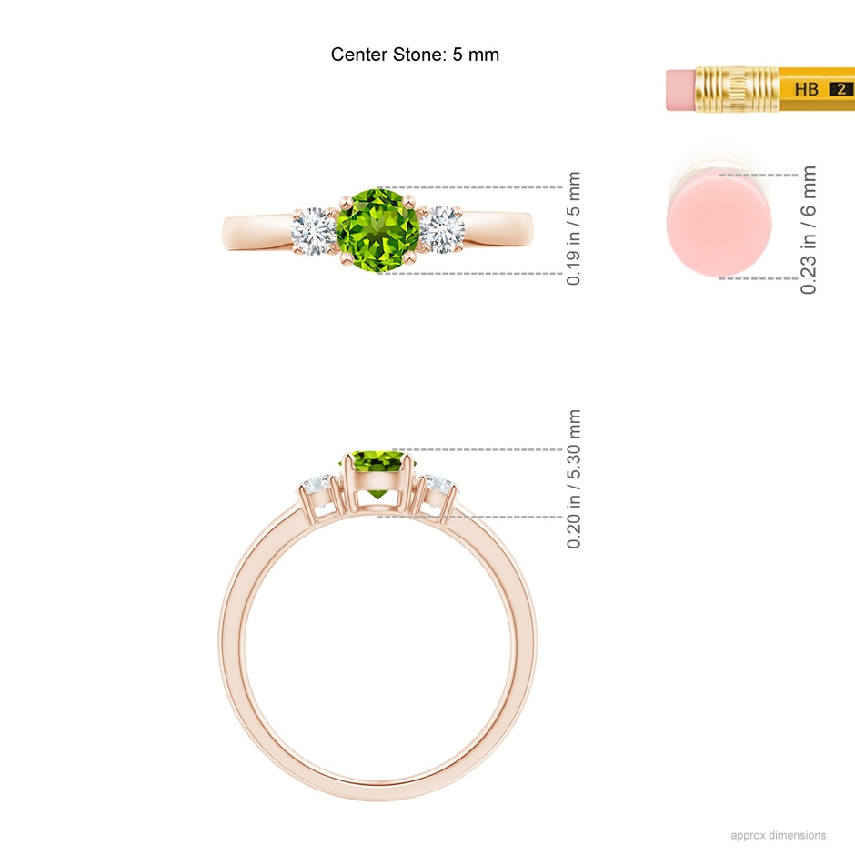 5mm AAAA Classic Peridot and Diamond Three Stone Engagement Ring in Rose Gold ruler