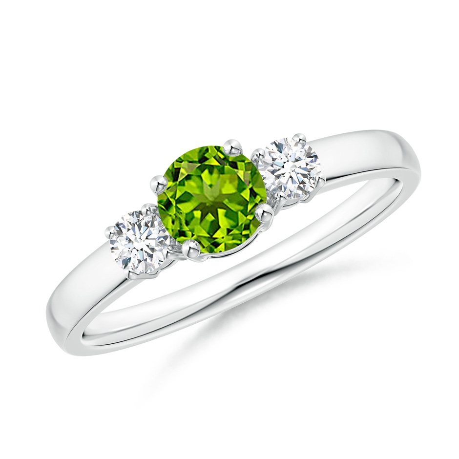 5mm AAAA Classic Peridot and Diamond Three Stone Engagement Ring in White Gold 