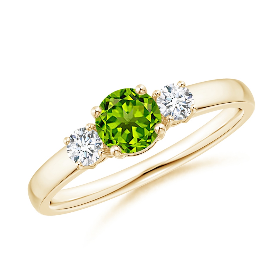 5mm AAAA Classic Peridot and Diamond Three Stone Engagement Ring in Yellow Gold 