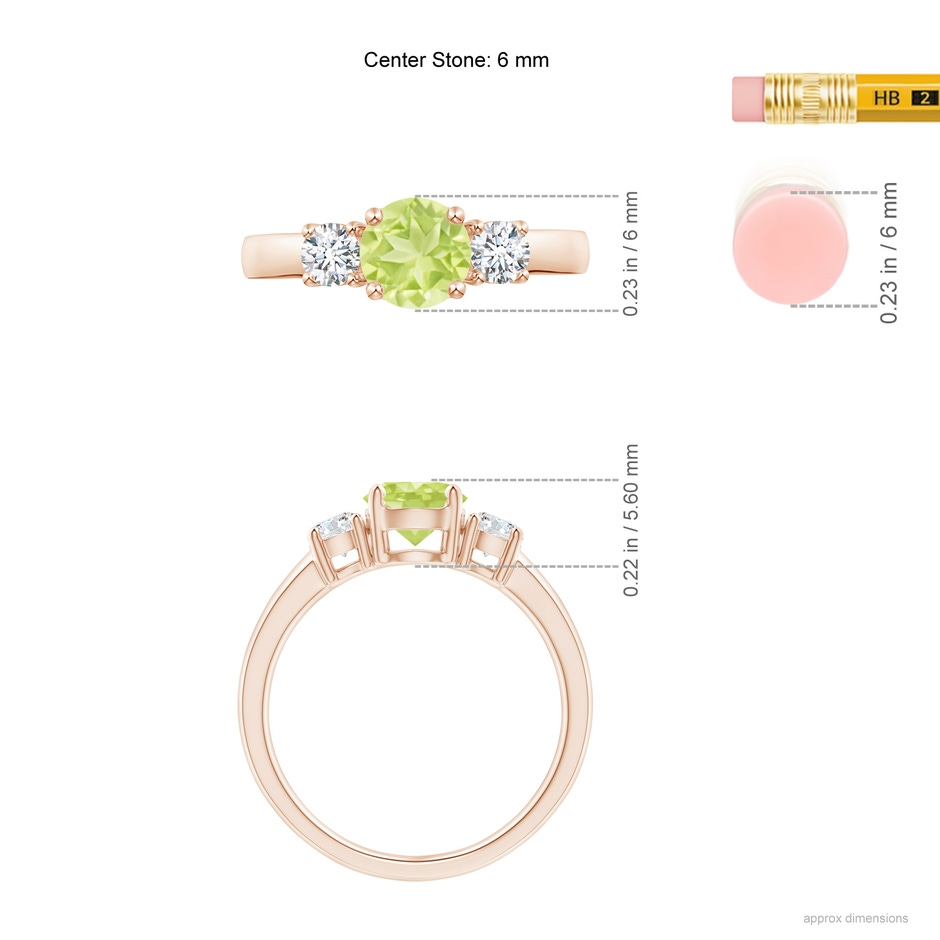 6mm A Classic Peridot and Diamond Three Stone Engagement Ring in Rose Gold ruler