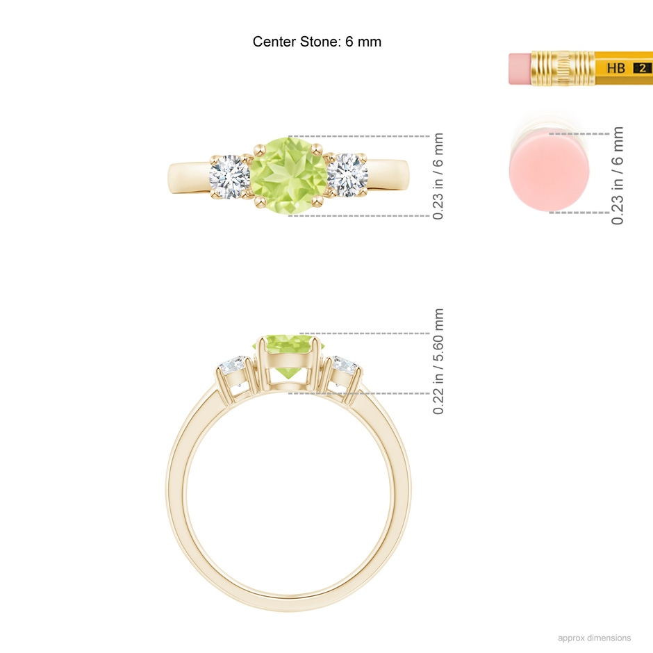 6mm A Classic Peridot and Diamond Three Stone Engagement Ring in Yellow Gold ruler