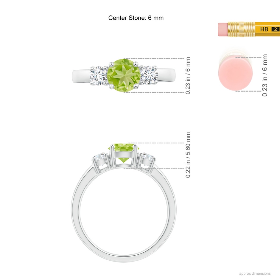 6mm AA Classic Peridot and Diamond Three Stone Engagement Ring in White Gold ruler