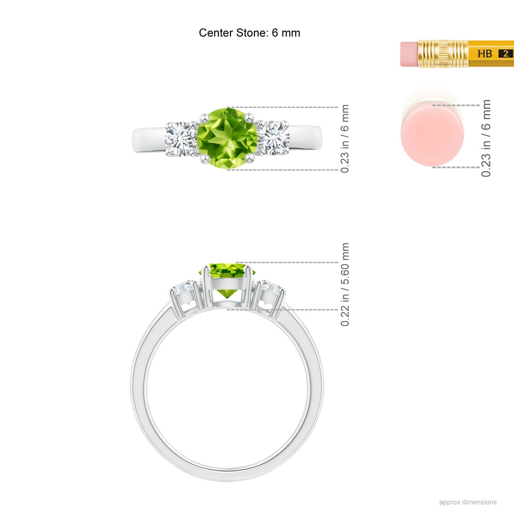 6mm AAA Classic Peridot and Diamond Three Stone Engagement Ring in White Gold Ruler