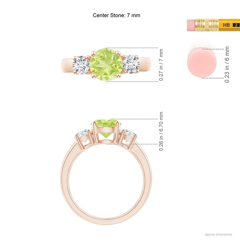 7mm A Classic Peridot and Diamond Three Stone Engagement Ring in Rose Gold ruler