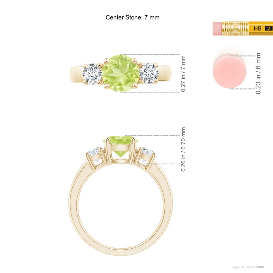 7mm A Classic Peridot and Diamond Three Stone Engagement Ring in Yellow Gold ruler