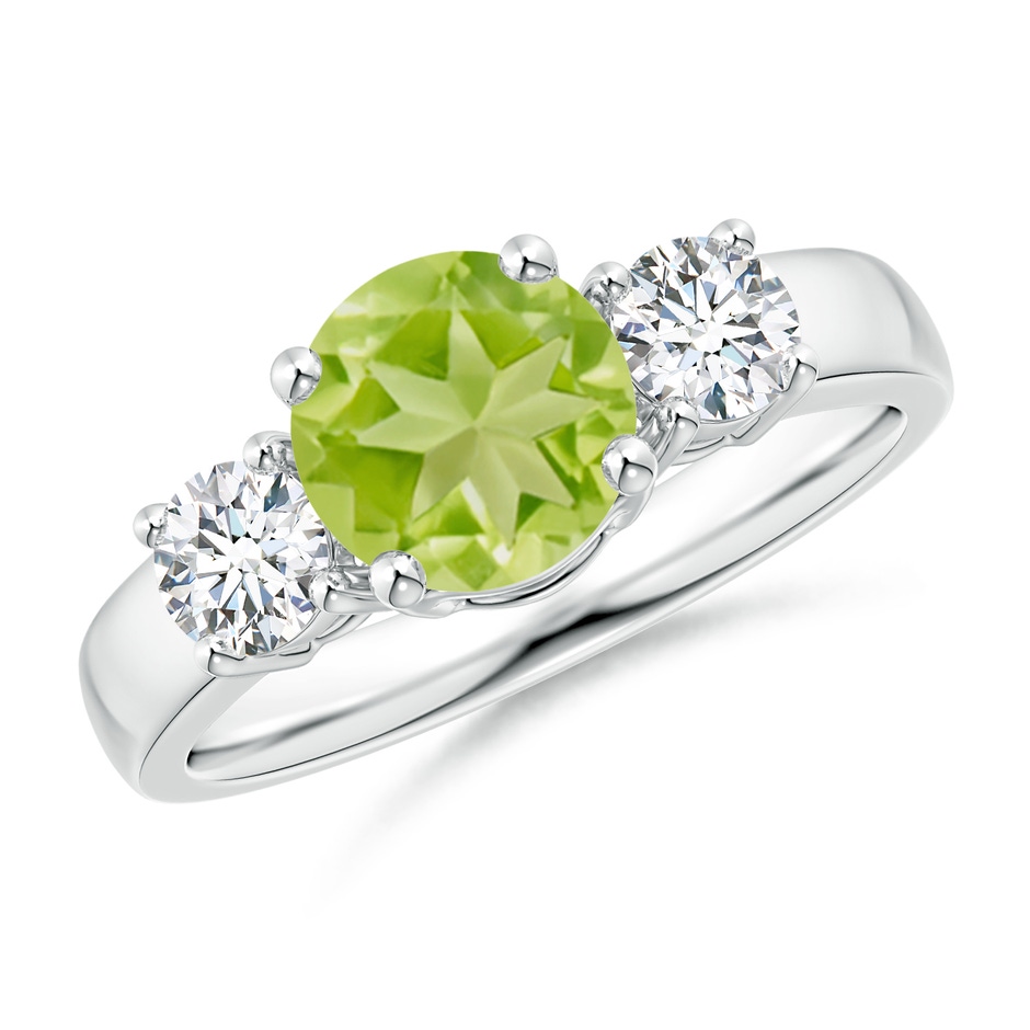 7mm AA Classic Peridot and Diamond Three Stone Engagement Ring in White Gold 