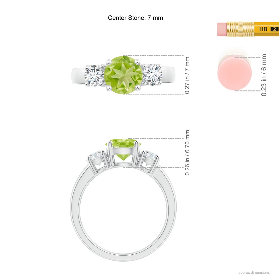 7mm AA Classic Peridot and Diamond Three Stone Engagement Ring in White Gold ruler