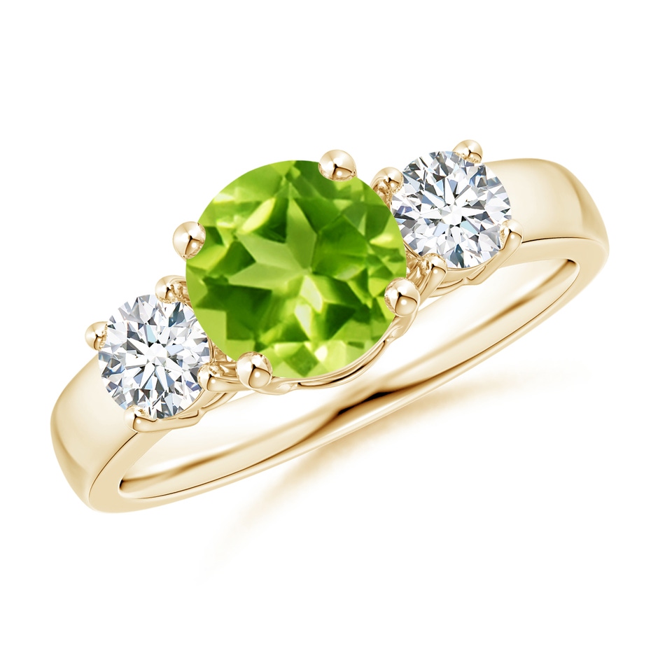 7mm AAA Classic Peridot and Diamond Three Stone Engagement Ring in Yellow Gold 