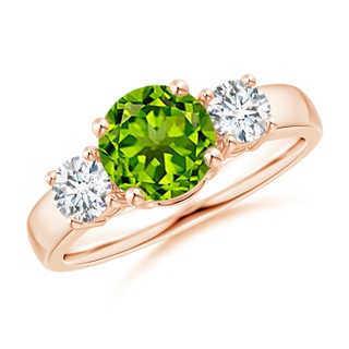 7mm AAAA Classic Peridot and Diamond Three Stone Engagement Ring in Rose Gold