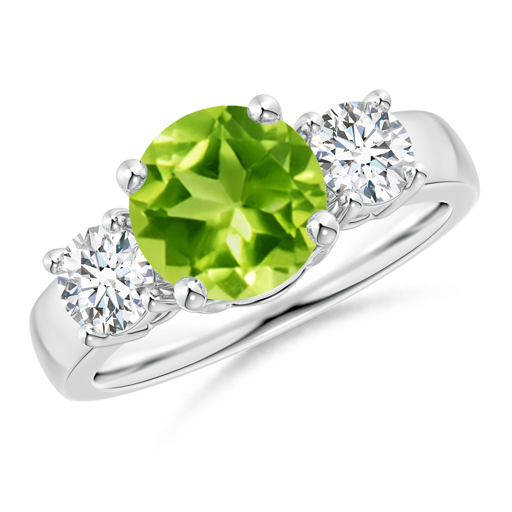 8mm AAA Classic Peridot and Diamond Three Stone Engagement Ring in White Gold