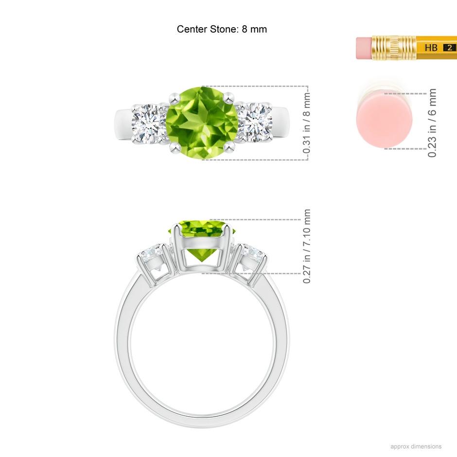 8mm AAA Classic Peridot and Diamond Three Stone Engagement Ring in White Gold ruler