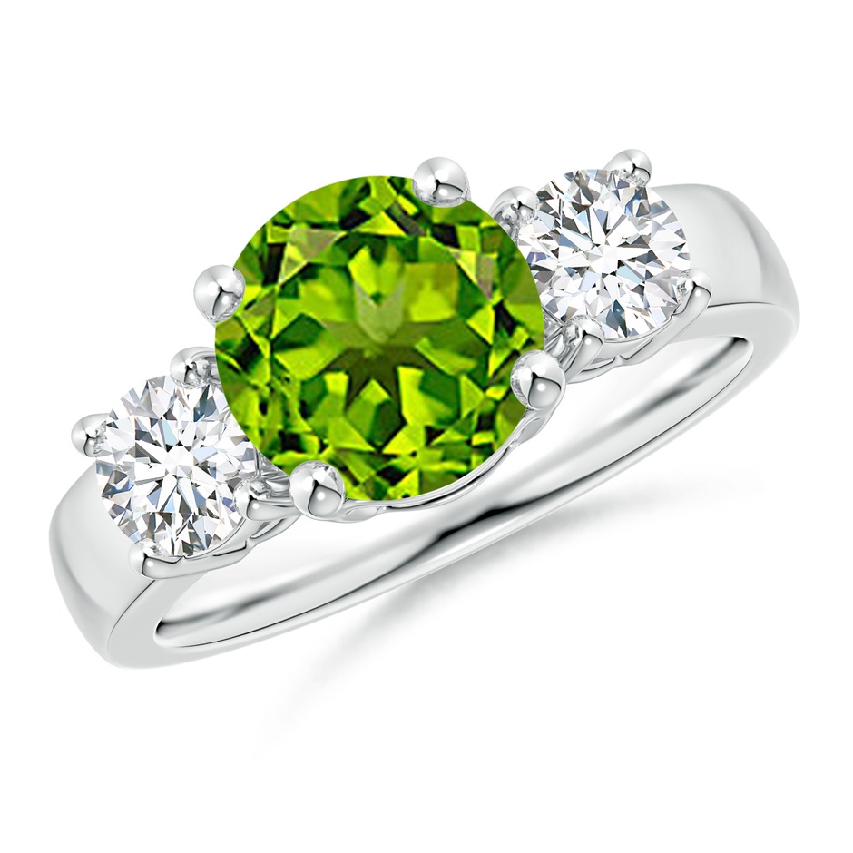 8mm AAAA Classic Peridot and Diamond Three Stone Engagement Ring in White Gold 