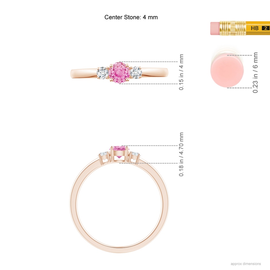 4mm A Classic Pink Sapphire and Diamond Three Stone Engagement Ring in Rose Gold ruler