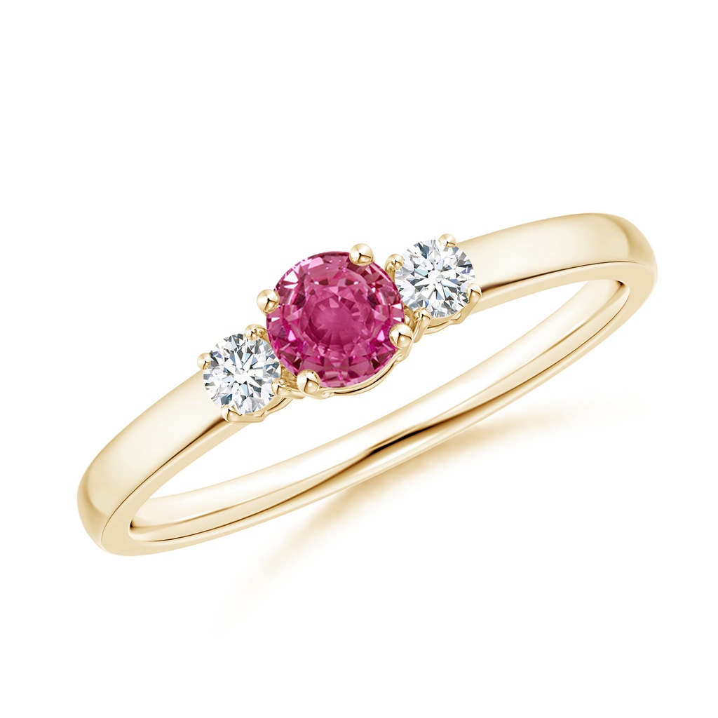 4mm AAAA Classic Pink Sapphire and Diamond Three Stone Engagement Ring in Yellow Gold