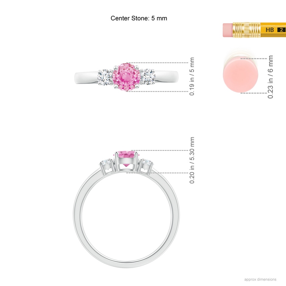 5mm A Classic Pink Sapphire and Diamond Three Stone Engagement Ring in P950 Platinum ruler