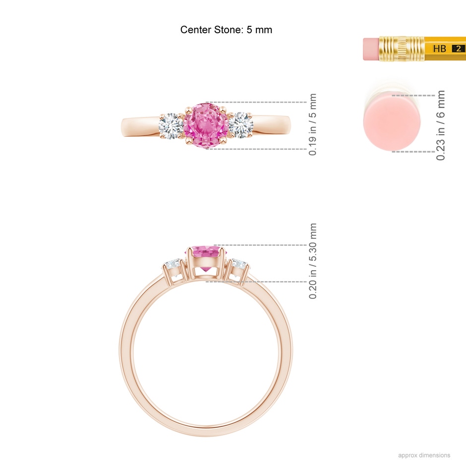 5mm AA Classic Pink Sapphire and Diamond Three Stone Engagement Ring in Rose Gold ruler