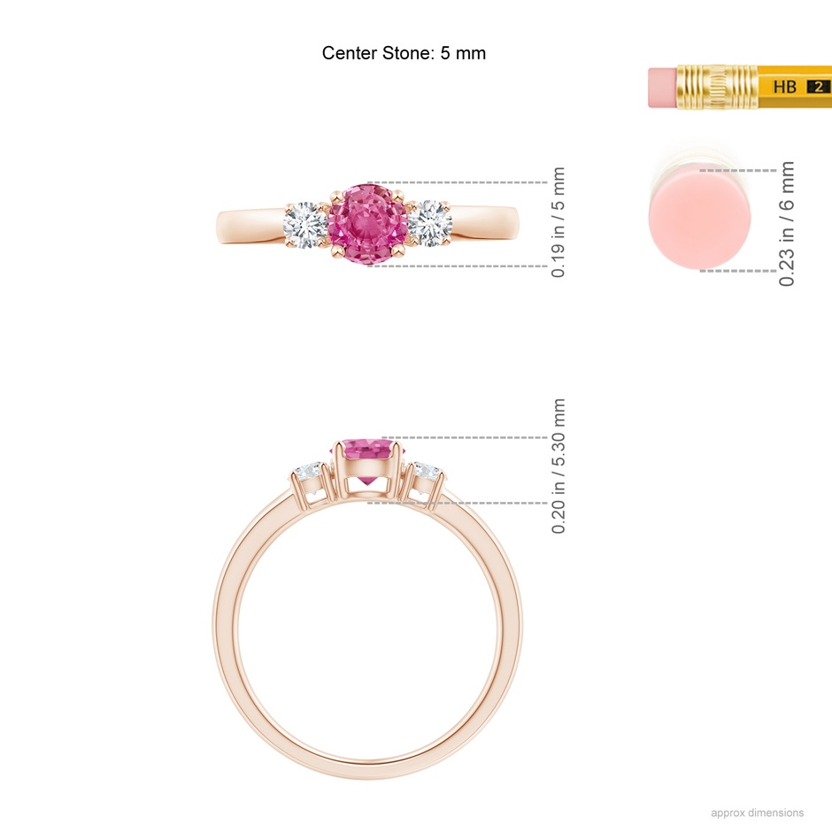 5mm AAA Classic Pink Sapphire and Diamond Three Stone Engagement Ring in Rose Gold ruler