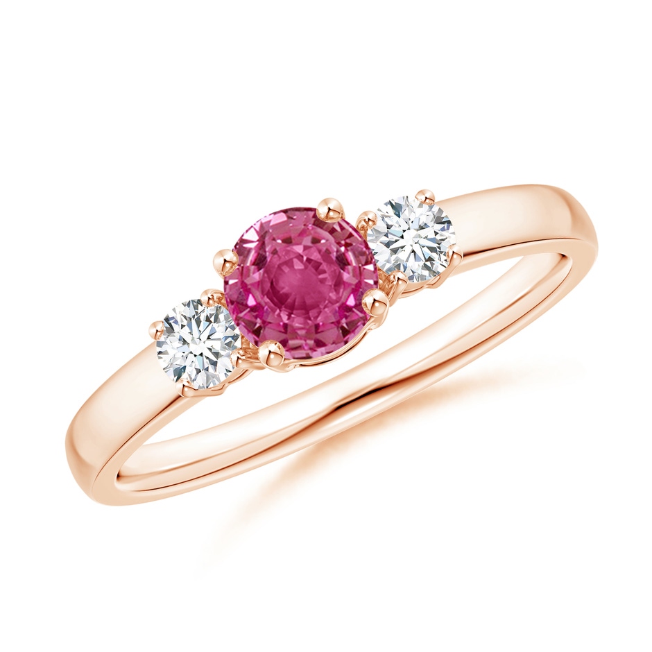 5mm AAAA Classic Pink Sapphire and Diamond Three Stone Engagement Ring in Rose Gold 