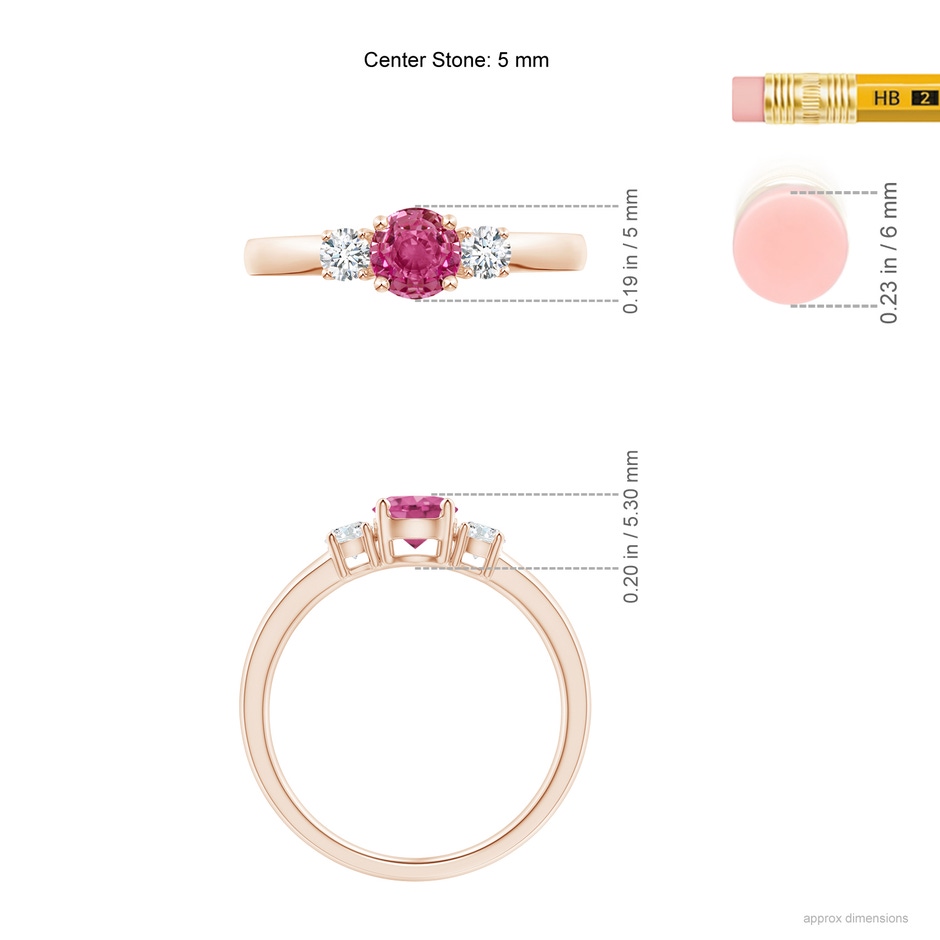 5mm AAAA Classic Pink Sapphire and Diamond Three Stone Engagement Ring in Rose Gold ruler