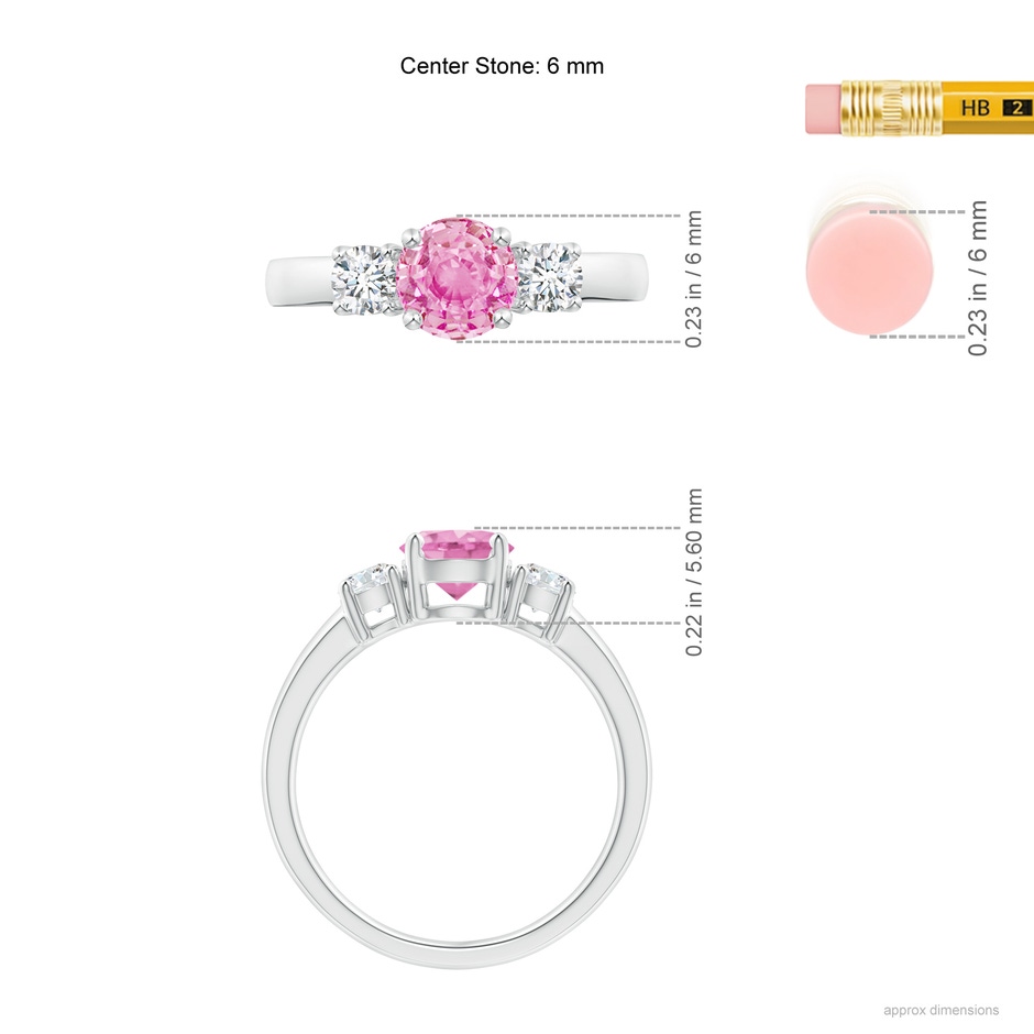 6mm A Classic Pink Sapphire and Diamond Three Stone Engagement Ring in P950 Platinum ruler