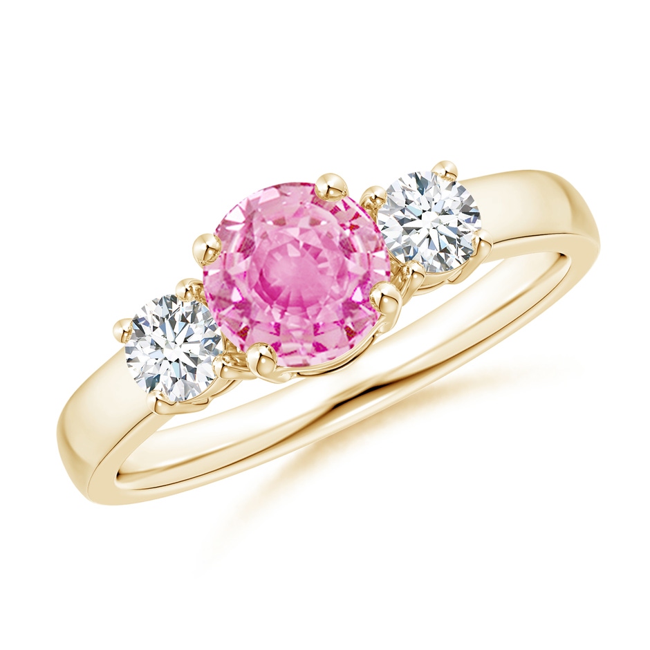 6mm A Classic Pink Sapphire and Diamond Three Stone Engagement Ring in Yellow Gold 