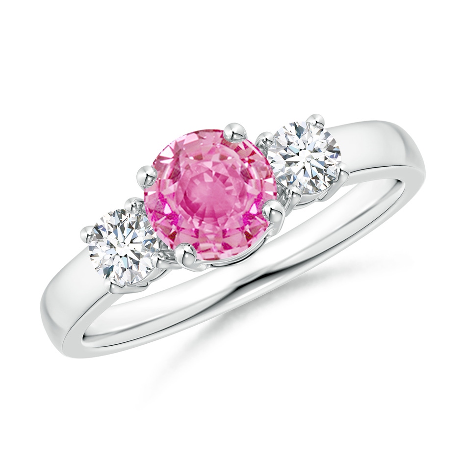 6mm AA Classic Pink Sapphire and Diamond Three Stone Engagement Ring in White Gold 