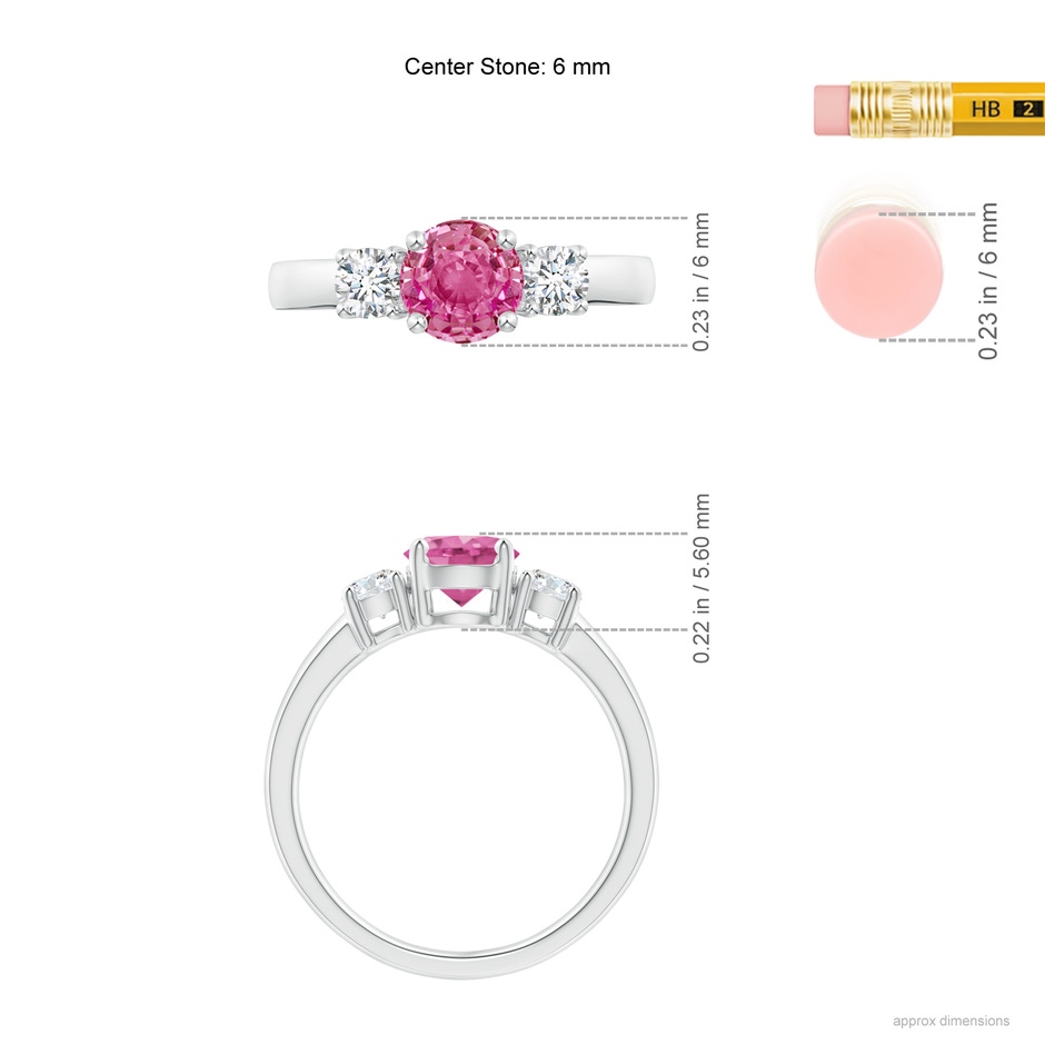 6mm AAA Classic Pink Sapphire and Diamond Three Stone Engagement Ring in White Gold ruler