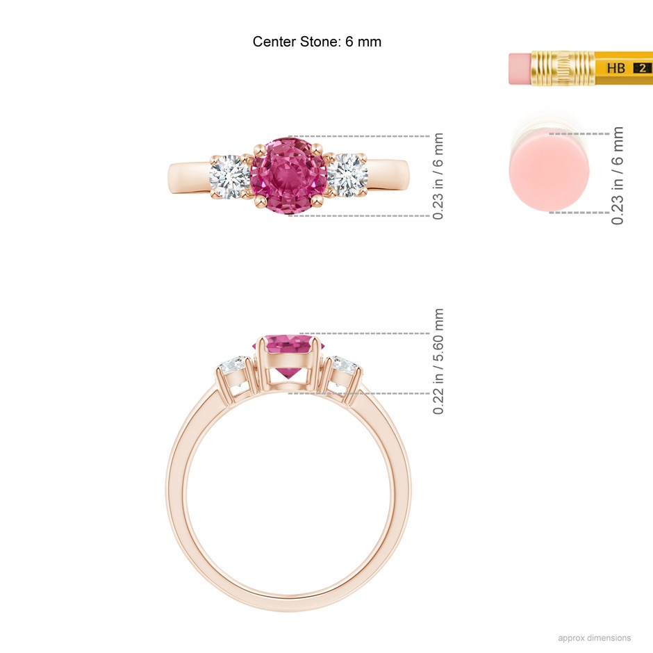 6mm AAAA Classic Pink Sapphire and Diamond Three Stone Engagement Ring in Rose Gold ruler