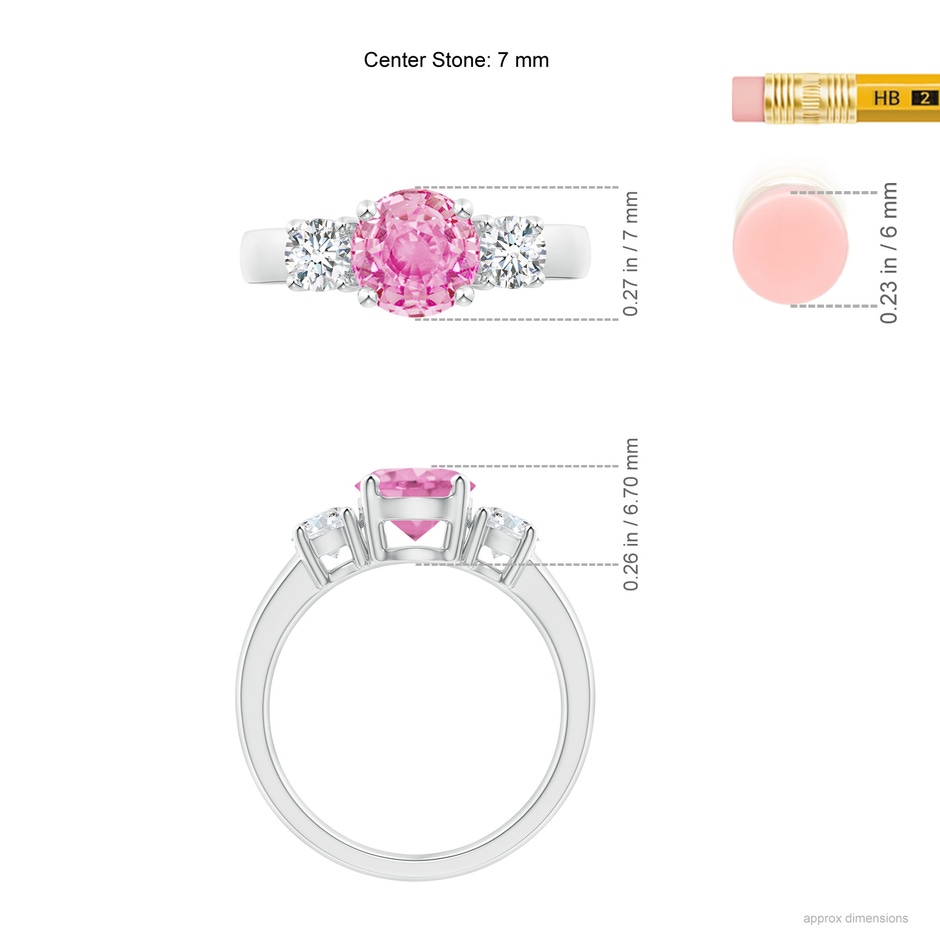 7mm A Classic Pink Sapphire and Diamond Three Stone Engagement Ring in P950 Platinum ruler