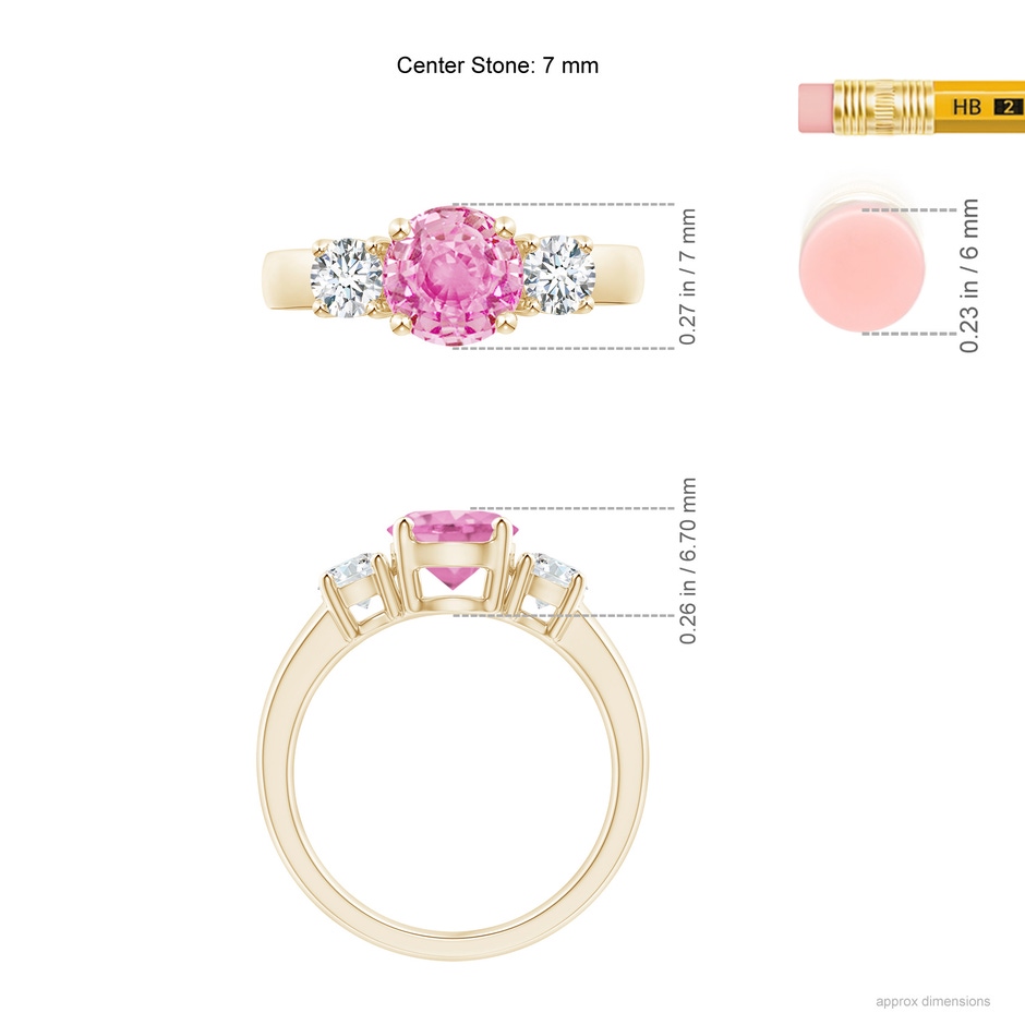 7mm A Classic Pink Sapphire and Diamond Three Stone Engagement Ring in Yellow Gold ruler