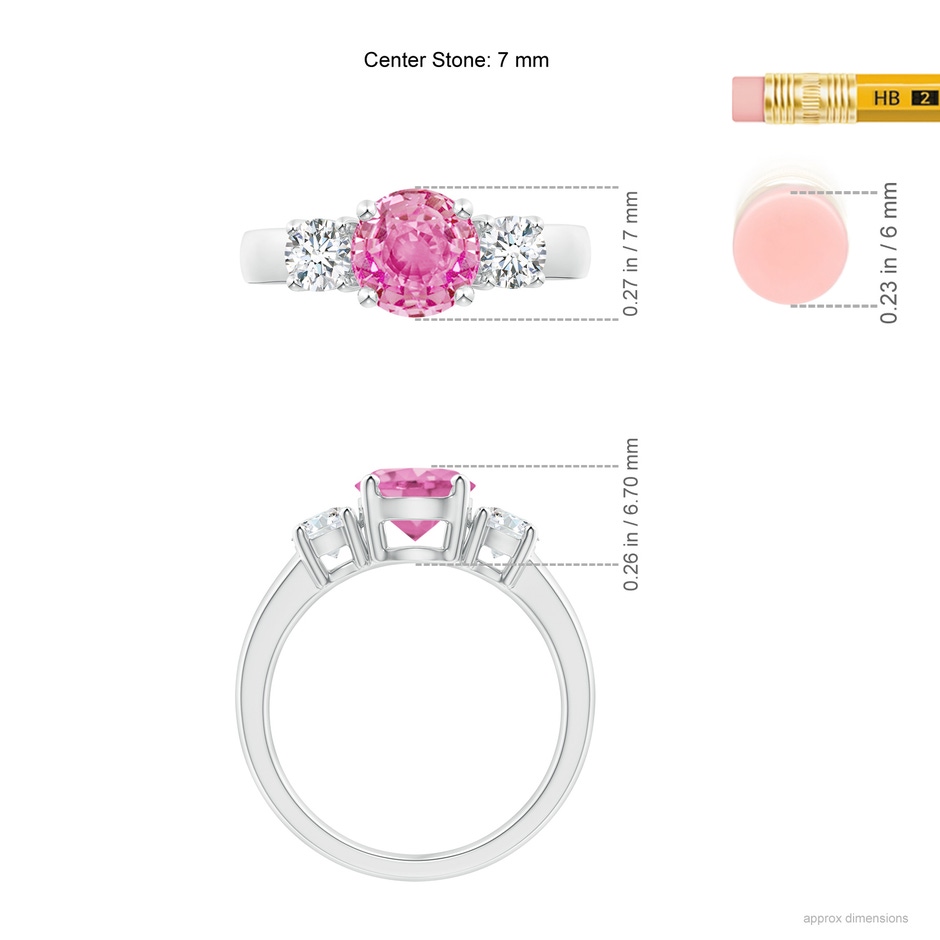 7mm AA Classic Pink Sapphire and Diamond Three Stone Engagement Ring in White Gold ruler