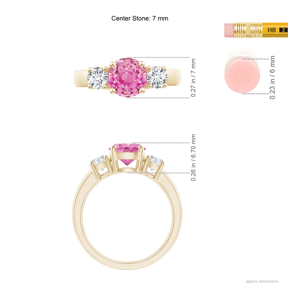 7mm AA Classic Pink Sapphire and Diamond Three Stone Engagement Ring in Yellow Gold ruler