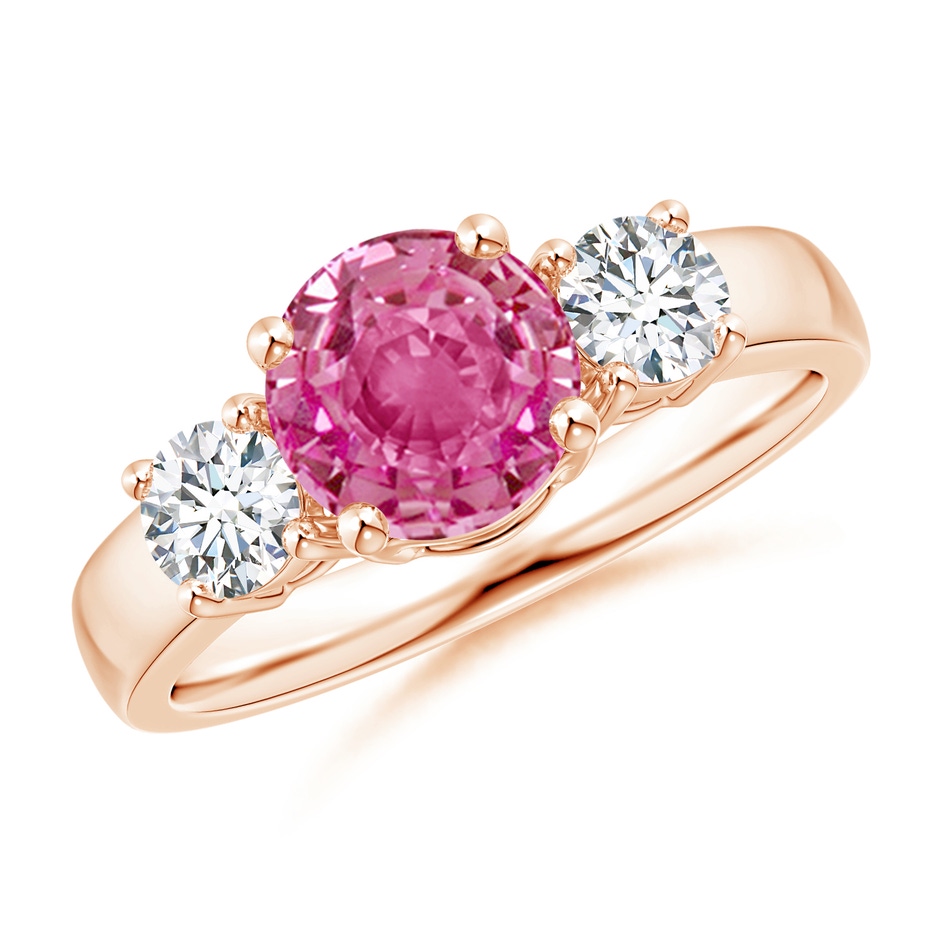 7mm AAA Classic Pink Sapphire and Diamond Three Stone Engagement Ring in 10K Rose Gold 