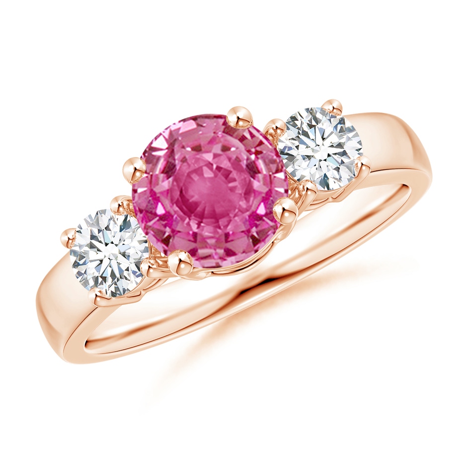 7mm AAA Classic Pink Sapphire and Diamond Three Stone Engagement Ring in Rose Gold 